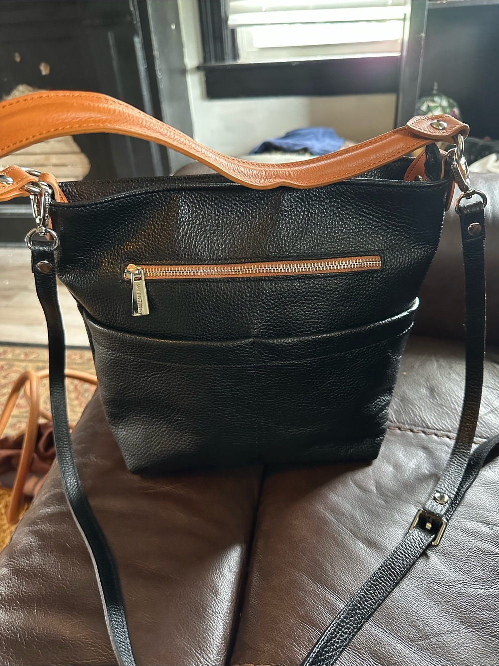 Valentina made in Italy black and tan genuine leather shoulder and crossbody bag